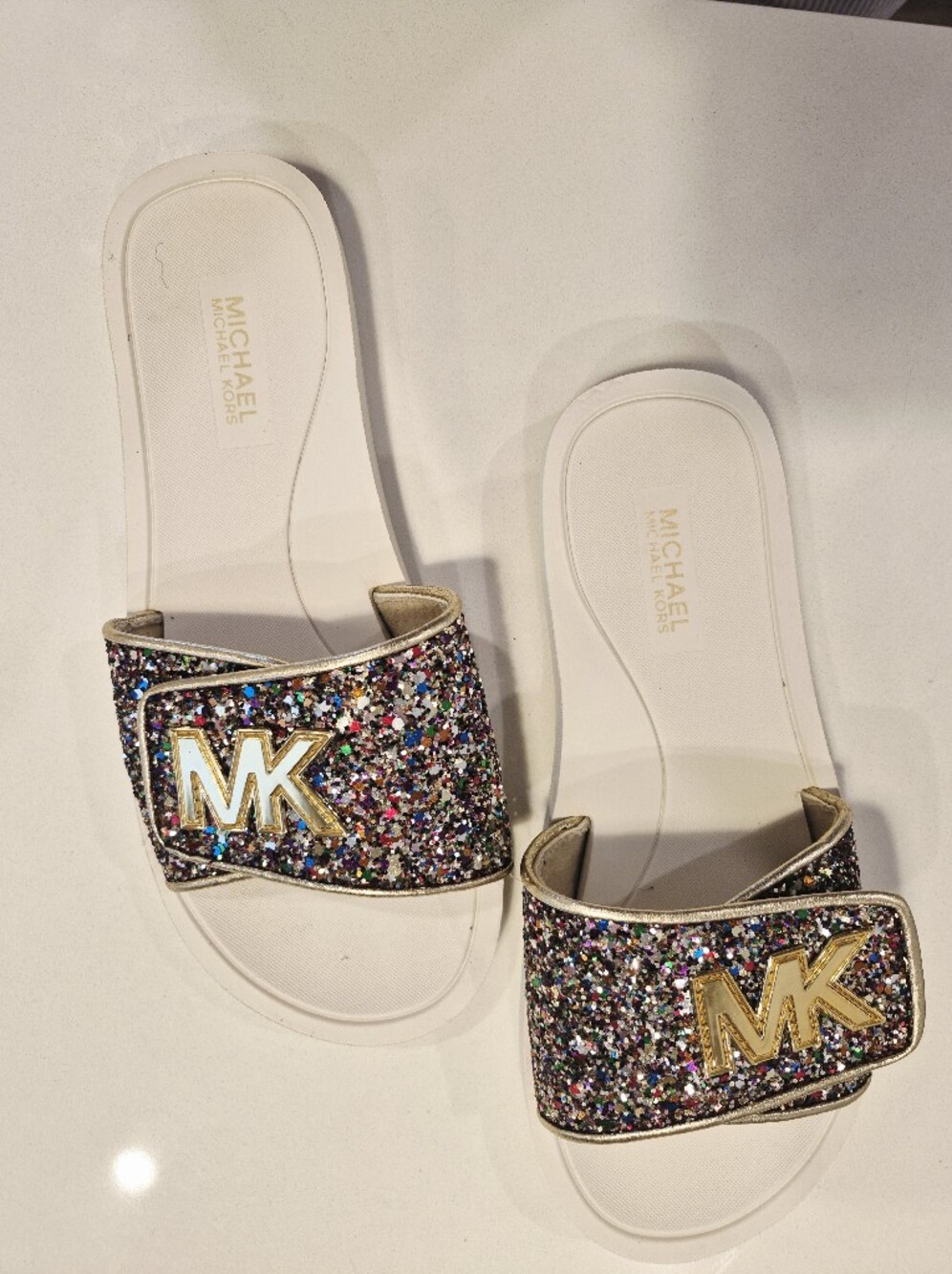 Michael Kors White Slide Sandals with Multicolor Glitter Strap and Gold MK Logo